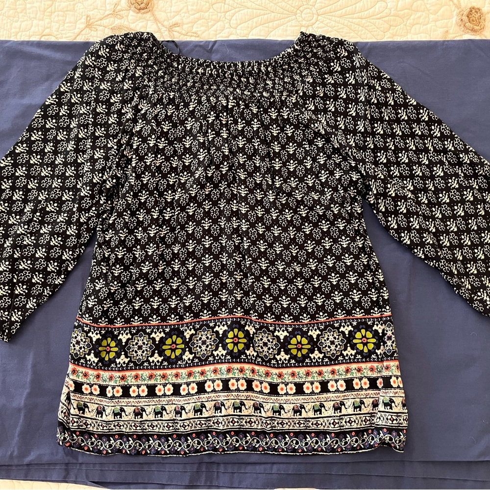 Super soft elephant print peasant top